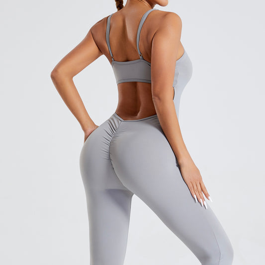 Women Workout Seamless Jumpsuit Yoga Ribbed Bodycon One Piece Spaghetti Strap Leggings Romper